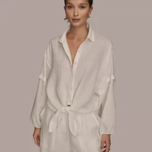 Women's Linen Long Blouson Sleeve Button Adjustable Tie Shirt