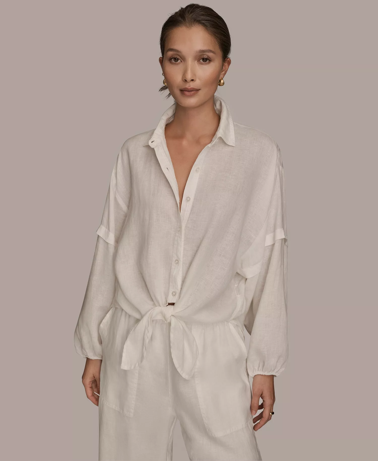 mni-003868836ad59929da40e541b4bd544b Women's Linen Long Blouson Sleeve Button Adjustable Tie Shirt