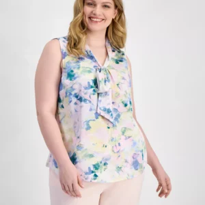 Plus Size Printed Tie-Neck Sleeveless Blouse