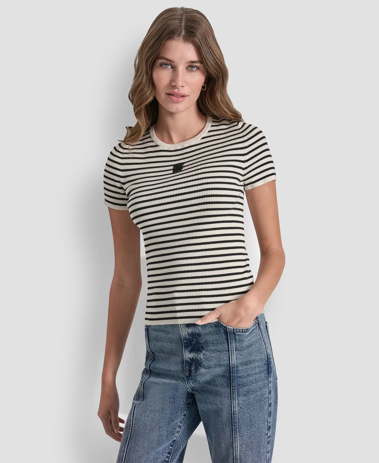 mni-0428c334d1b059bdc5eb1c66b2f859a3 Women's Crew Neck Striped Rib Top