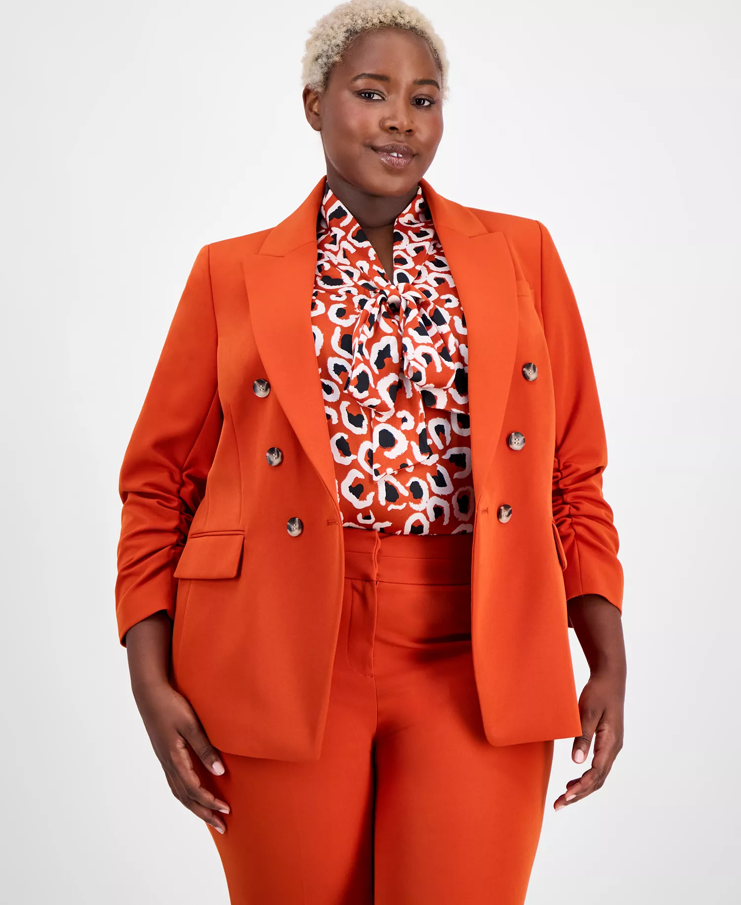 mni-04303c59c2118d7d8ff7e7c2686841e1 Plus Size Double-Breasted Ruched-Sleeve Jacket