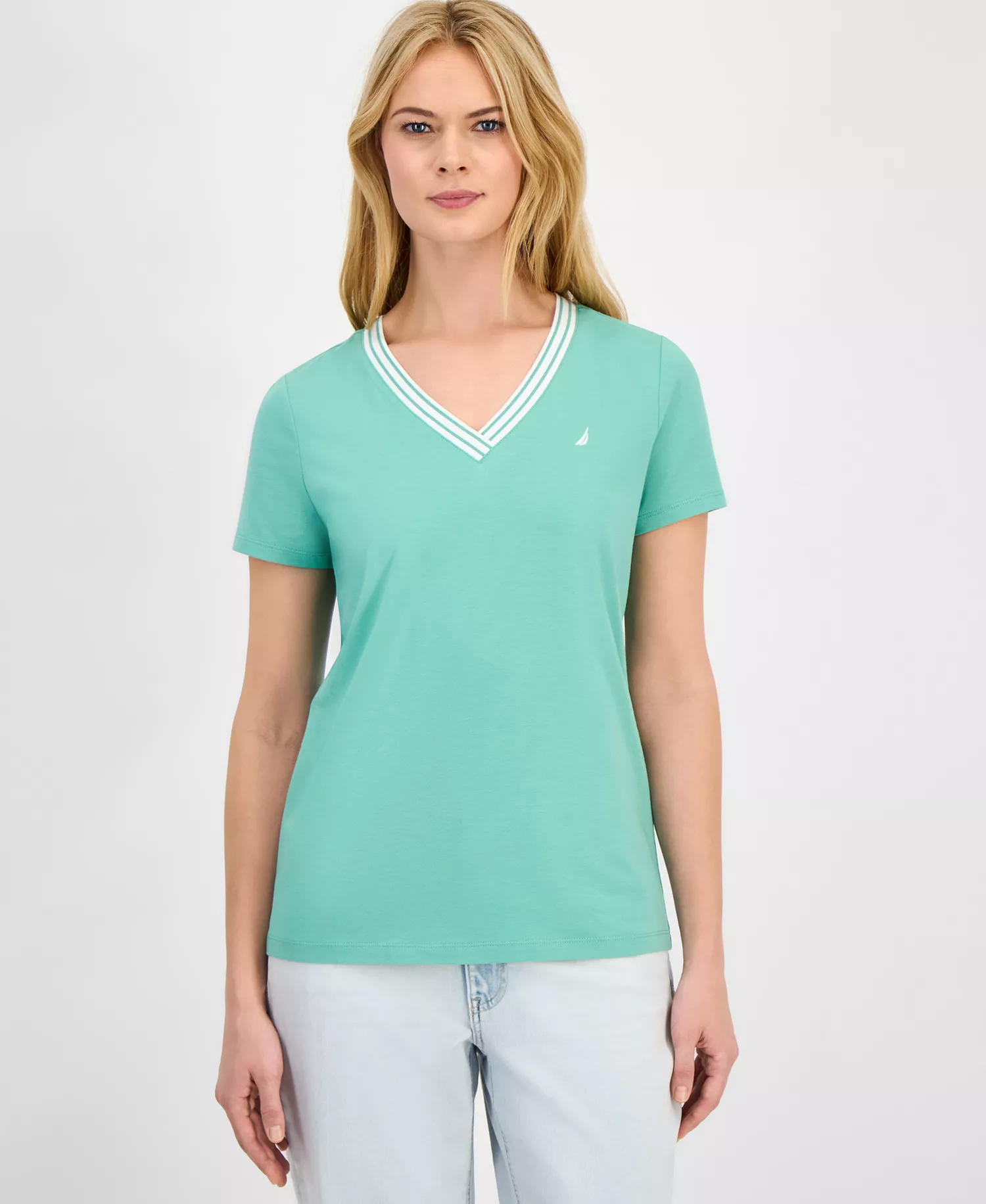 mni-043737ae88e299780bedb8df801f1a59 Women's Solid Stripe-Trim V-Neck — изображение 11