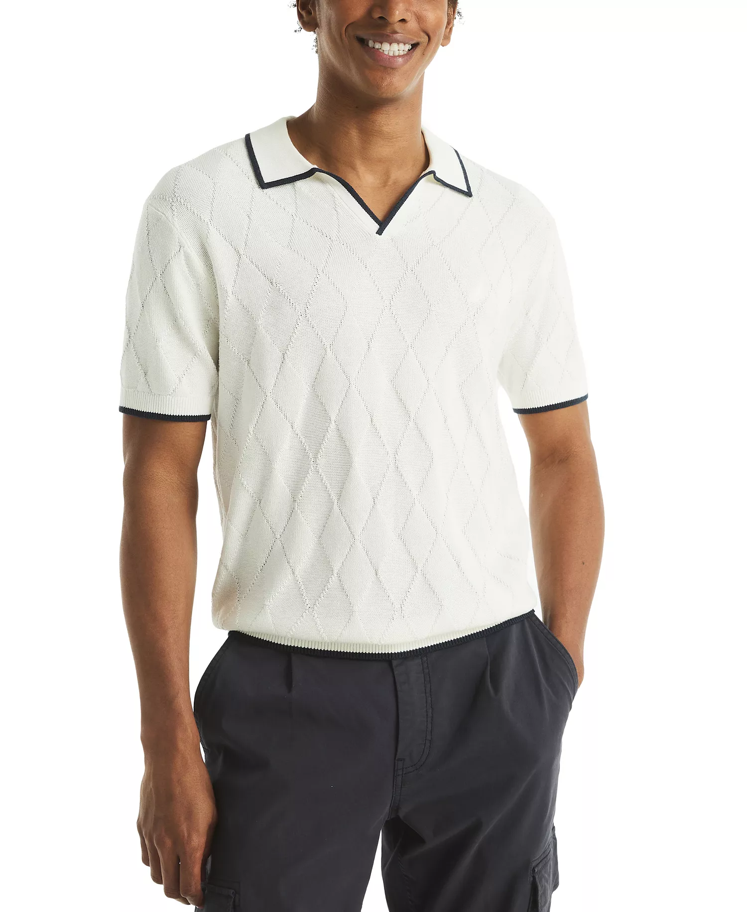 mni-06b50e857b43cdb2b649614b0829d409 Men's Short Sleeve Textured Argyle Polo Sweater
