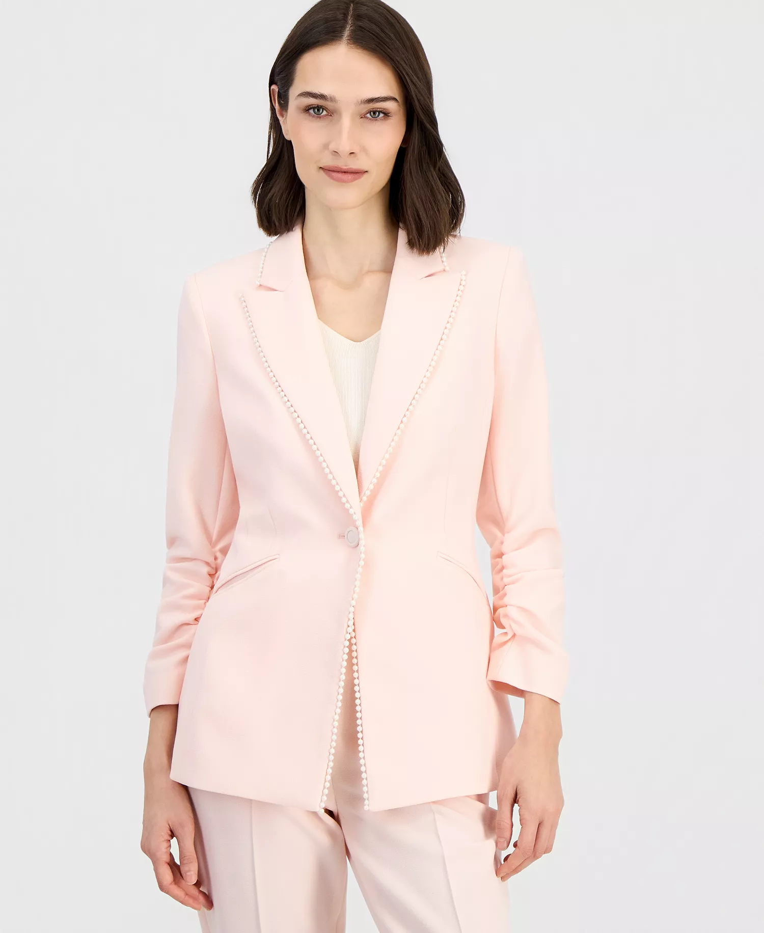 mni-06c40746d6978a99751d097060672431 Women's Faux-Pearl-Trim Ruched-Sleeve Blazer