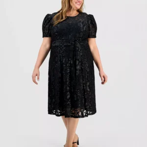 Plus Size Puff-Sleeve Burnout Midi Dress