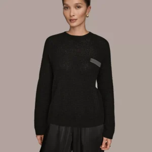 Women's Long-Sleeve Wool Cashmere Blend Waffle Stitch Sweater with Chest Pocket