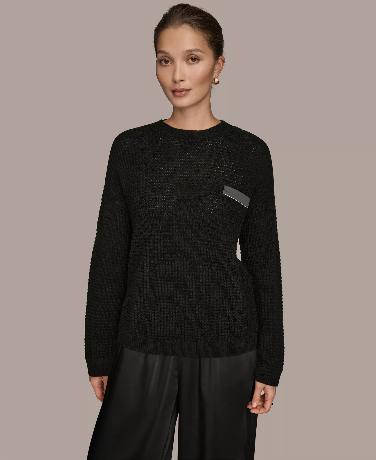 mni-07bf805fa53e87d43252231fc75fd2d5 Women's Long-Sleeve Wool Cashmere Blend Waffle Stitch Sweater with Chest Pocket