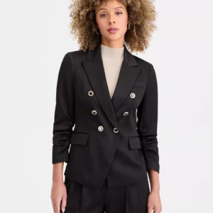 Petite Crinkle-Pleat Double-Breasted Blazer