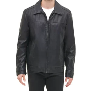 Men's Faux Leather Laydown Collar Jacket