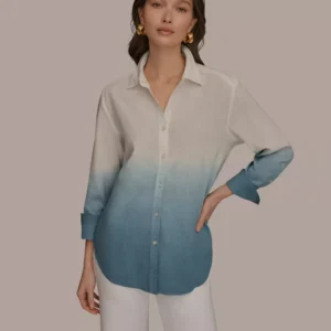 Women's Linen Dip Dye Long-Sleeve Button-Front Shirt