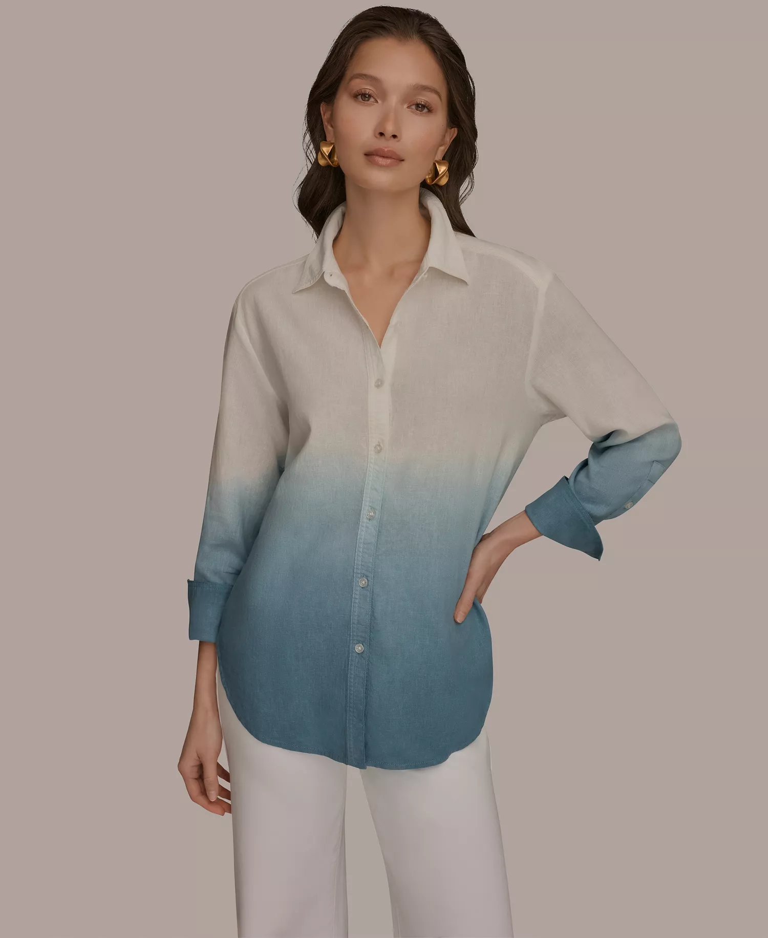 mni-098e854fc7a319f62f25d898bdb2364a Women's Linen Dip Dye Long-Sleeve Button-Front Shirt