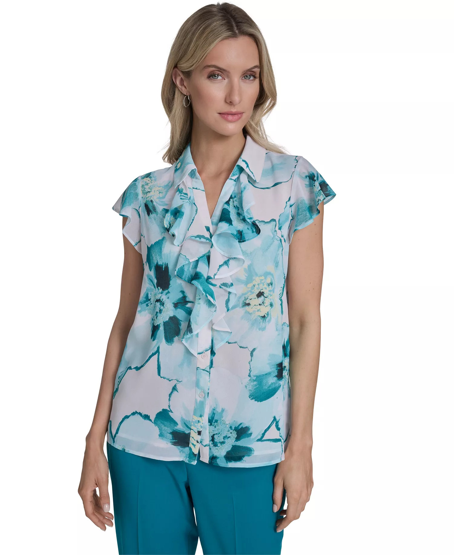 mni-0ae73e5b2762399b2aa9defdce189a8a Women's Printed Ruffle Front Top