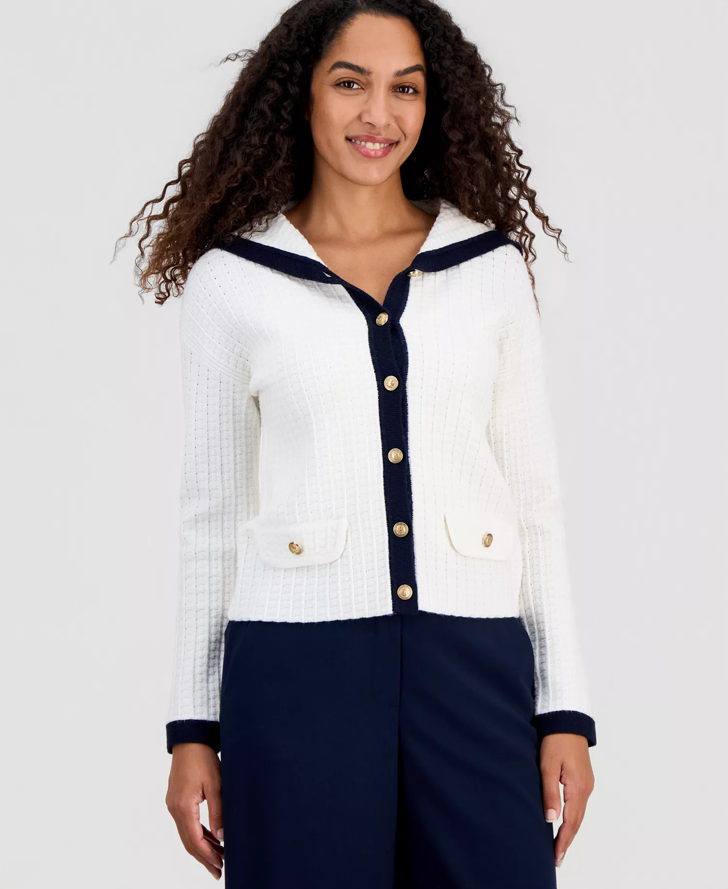 mni-0aed2538c2570c483d1f44236123bb07 Women's Sailor-Collar Tipped Cardigan