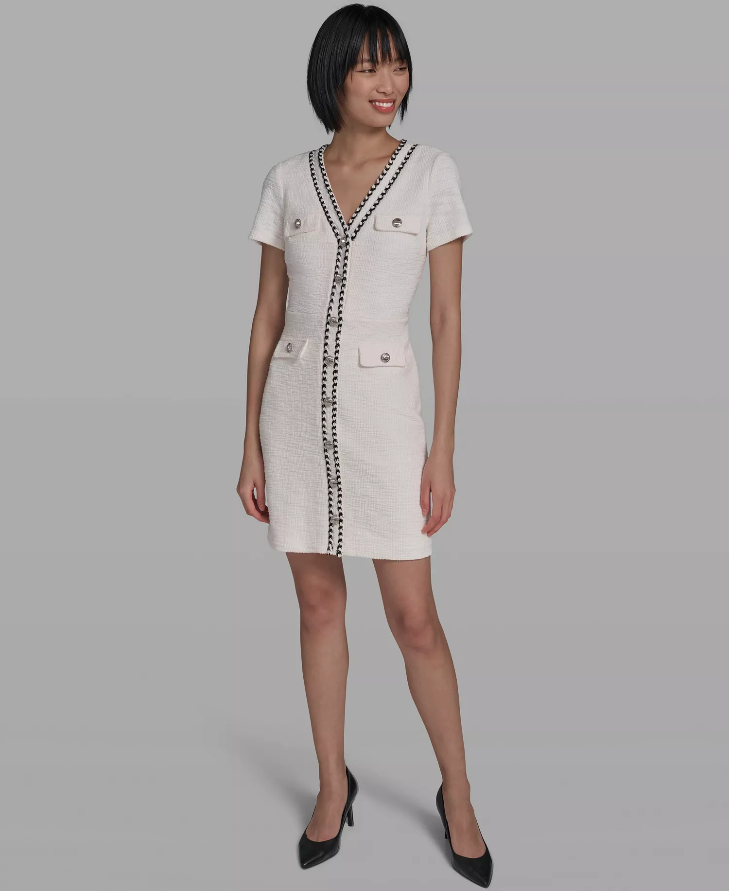 mni-0c2a24ed2bb550ac9ec6eedd938f0cbf Women's V-Neck Tweed Sheath Dress