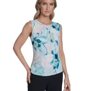 Women's Printed Mesh Crewneck Ruched Top