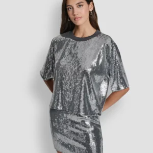 Women's Sequins Crewneck Boxy Short-Sleeve Relaxed T-Shirt