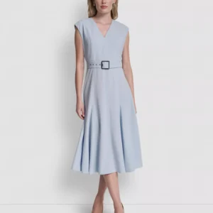 Women's Sleeveless V-Neck Belted Midi Dress