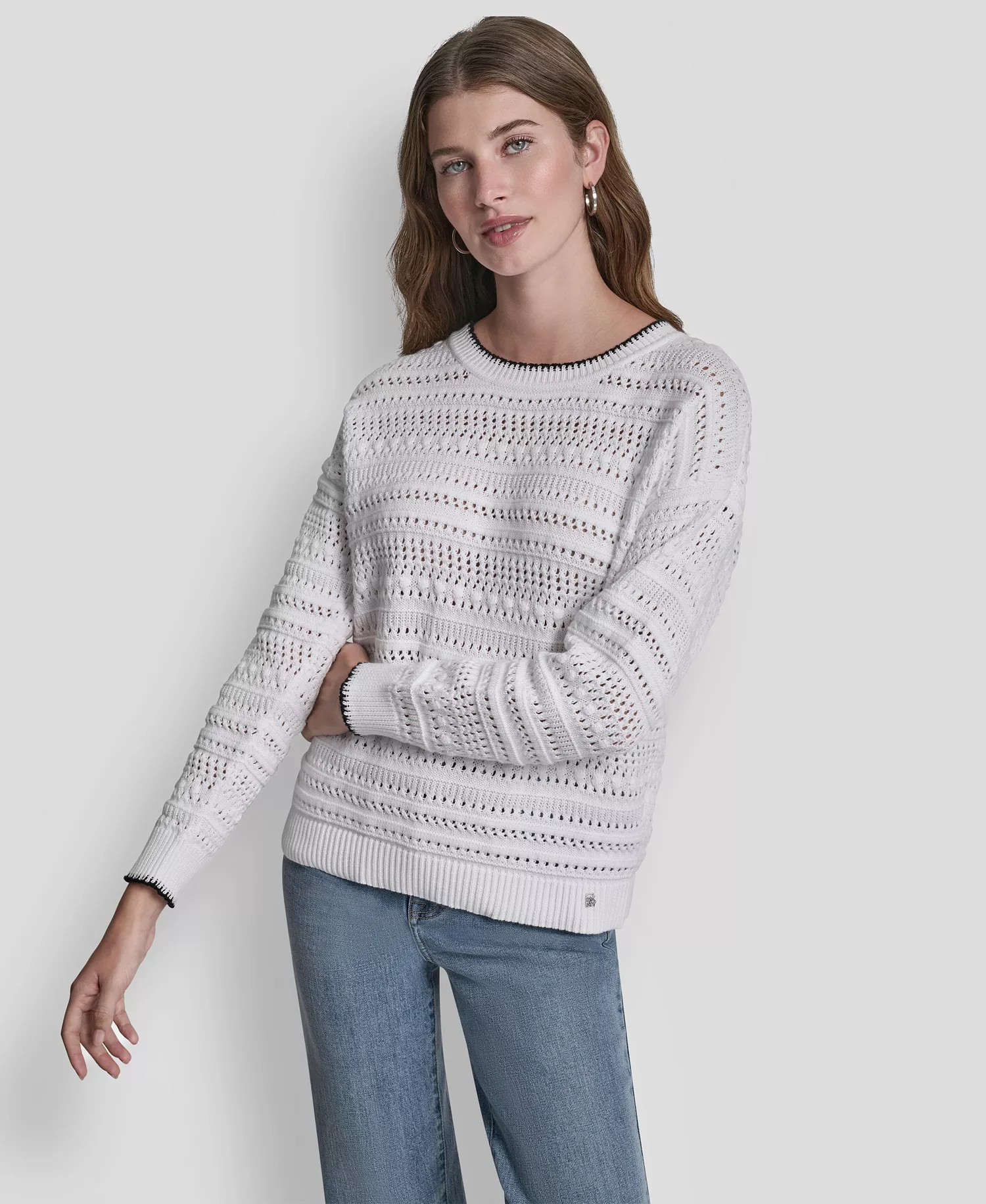 mni-0df144b41f62474399cc9f1a594294fe Women's Crew Neck Long-Sleeve Tipped Pointelle Sweater