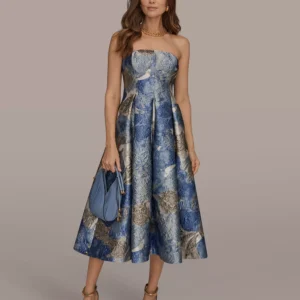 Women's Strapless Floral Midi Cocktail Dress