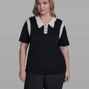 Plus Size Solid Short-Sleeve Polo Sweater