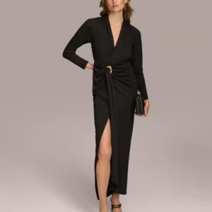 Women's Long Sleeve Front Slit Ruched Gown