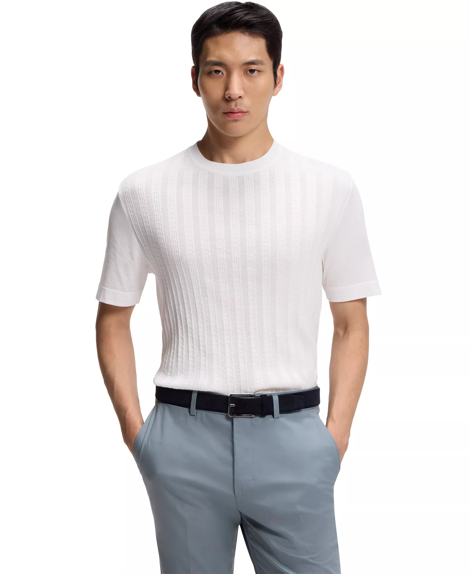 mni-0f917f7fb575bc2ad4ab899431fc07a9 Men's Cotton-Silk Cable-Knit Front Panel T-Shirt