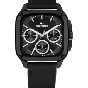Men's Multifunction Black Leather Strap Watch, 39mm