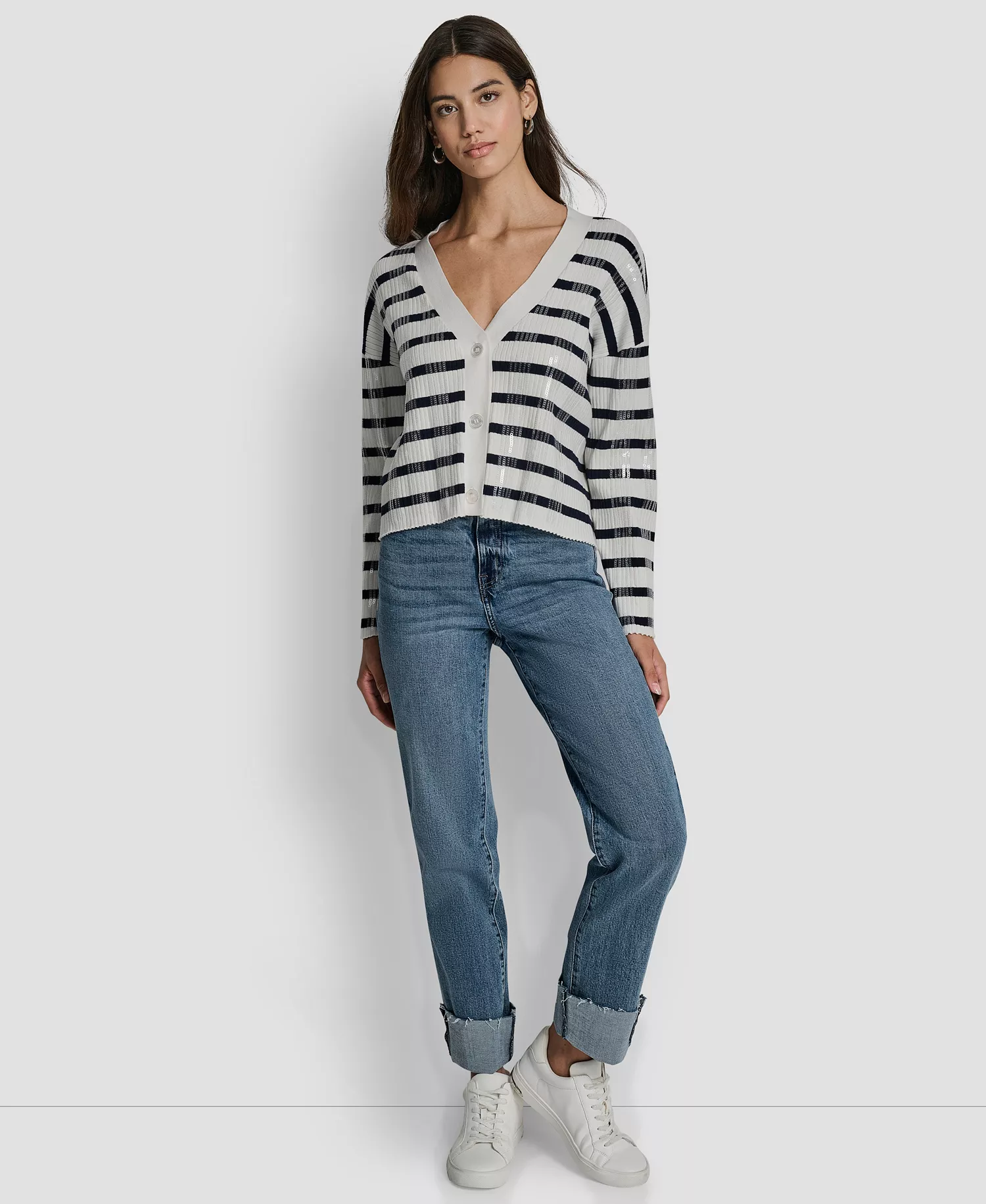 mni-10d2b89b859175bc4eb372ac265b2001 Women's Striped Sequin & Stripe V-Neck Boxy Cropped Long-Sleeve Cardigan Sweater — изображение 3