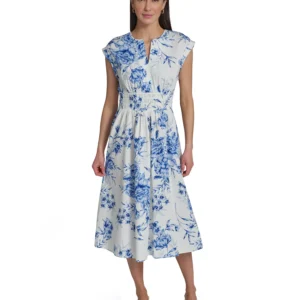 Women's Floral Smocked V-Neck A-Line Midi Dress