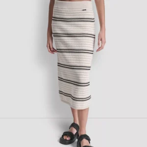 Women's Striped Pointelle Stitch Pull-On Midi Skirt