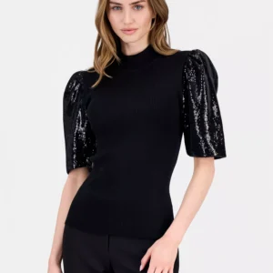 Women's Sequin-Sleeve Ribbed Top