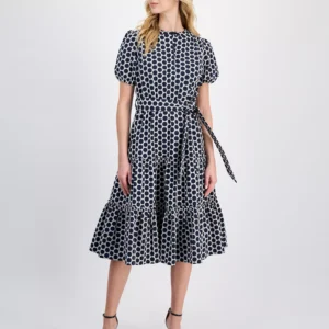 Women's Embroidered Tie-Waist Midi Dress