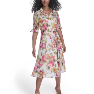 Women's Tie-Sleeve Printed Midi Dress