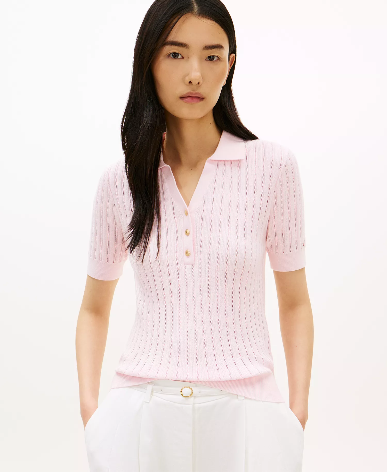 mni-1782dca7919f46f591a99a7ec5a1dc35 Women's Pointelle Rib Short-Sleeve Polo Sweater — изображение 3