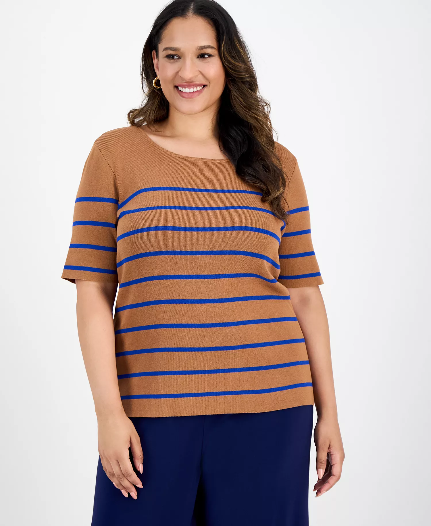 mni-17e62e9a86b0d06044084c56fbb33f1e Plus Size Striped Short-Sleeve Top