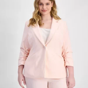 Plus Size Faux-Pearl-Trim Ruched-Sleeve Blazer