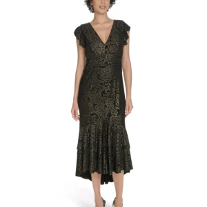 Women's V-Neck Tiered Hem Foil Midi Dress