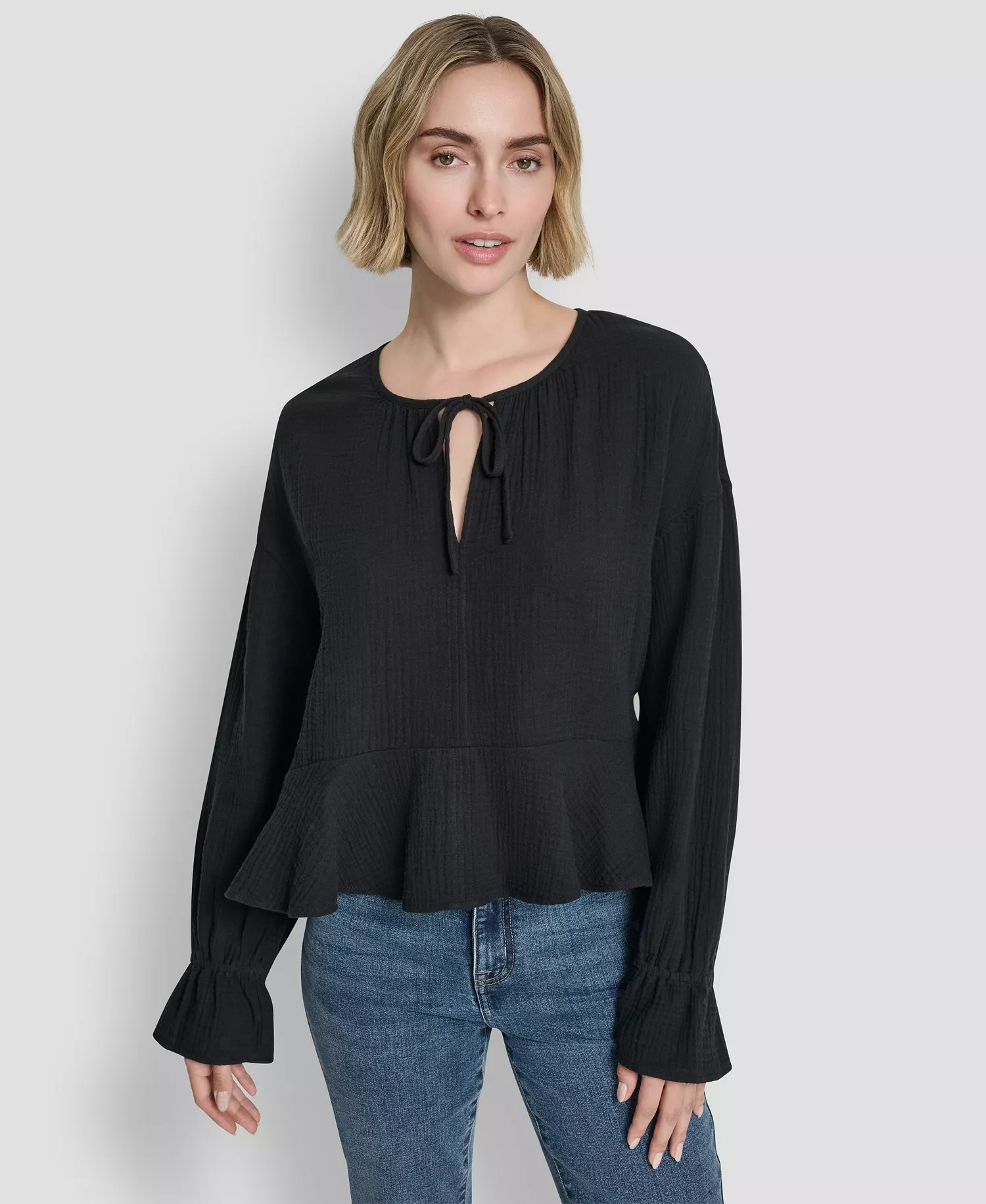 mni-19c9b3d02495f82a990e003ecdda8800 Women's Long-Sleeve Double Crepe Gauze Tie Neck Crop Top — изображение 3