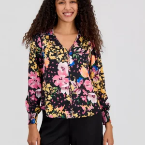 Women's Printed V-Neck Pleated-Back Top