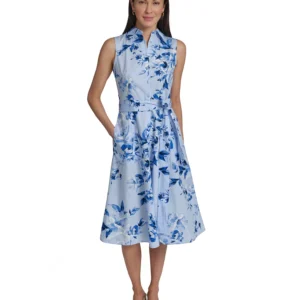 Women's Floral Sleeveless Collared Midi Shirtdress