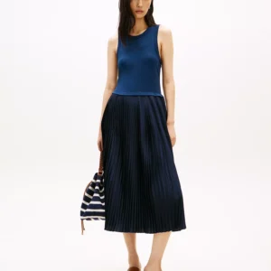 Women's Mix Media Pleated Sleeveless Midi Dress