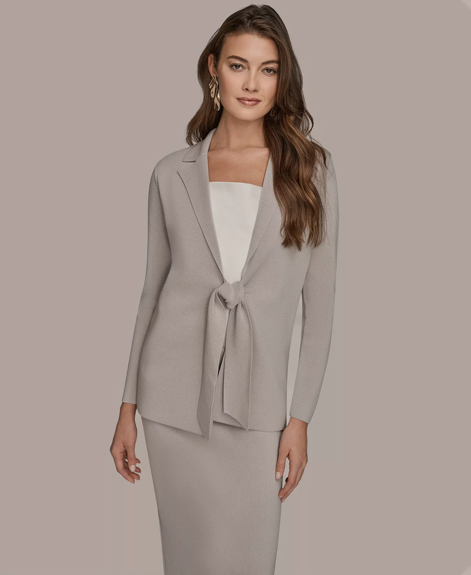mni-1cd3dc76cedc69cda6c2007b59ff9437 Women's Notch Lapel Collar Tie-Front Sweater Blazer