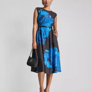 Women's Sleeveless Jewel Neck Fit and Flare Midi Dress