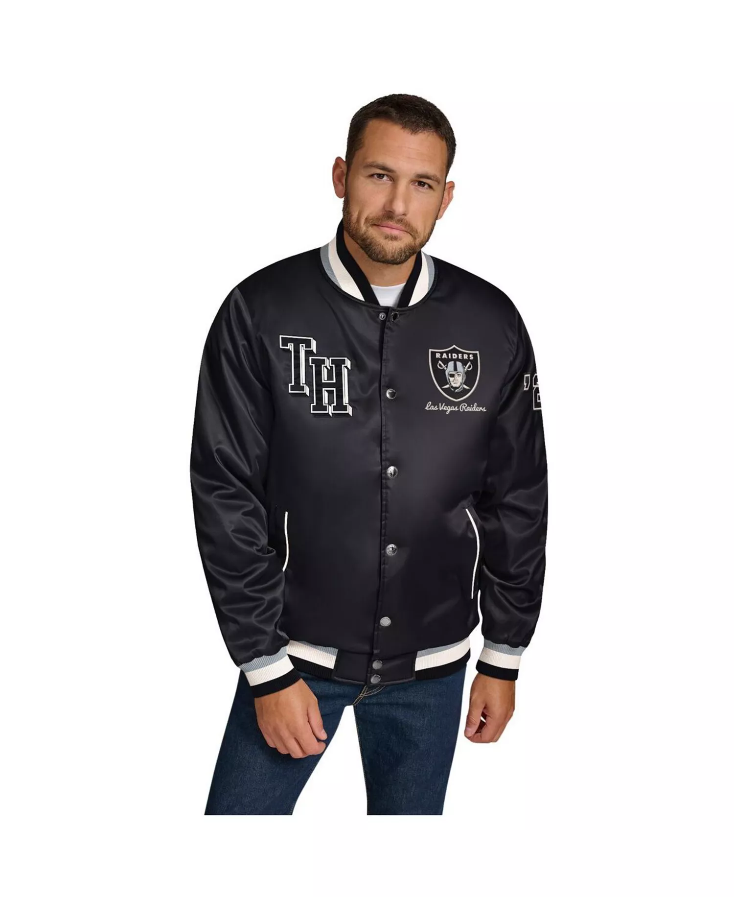 mni-1e23d9fe2419ed71518c5935c2ff05f9 Men's Black Las Vegas Raiders Dante Full-Snap Satin Jacket