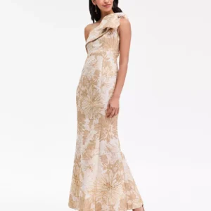 Women's Jacquard Bow-Trim One-Shoulder Gown