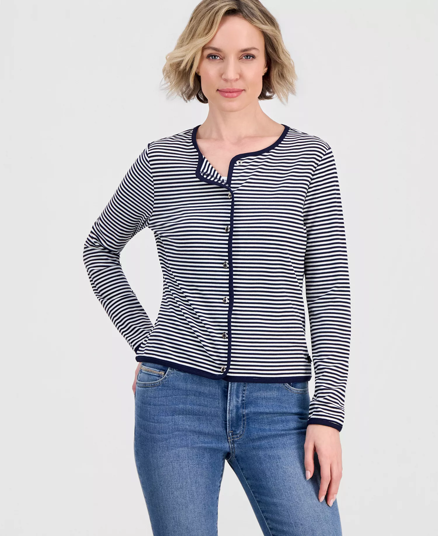 mni-1e5aad255ff53ad67b5558b535e6aa09 Jeans Women's Long-Sleeve Striped Cardigan Top — изображение 3
