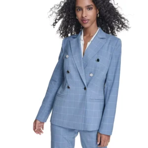 Women's Windowpane Double Breast Jacket, Sleeveless Collared Sweater, and Windowpane Modern Fit Pants