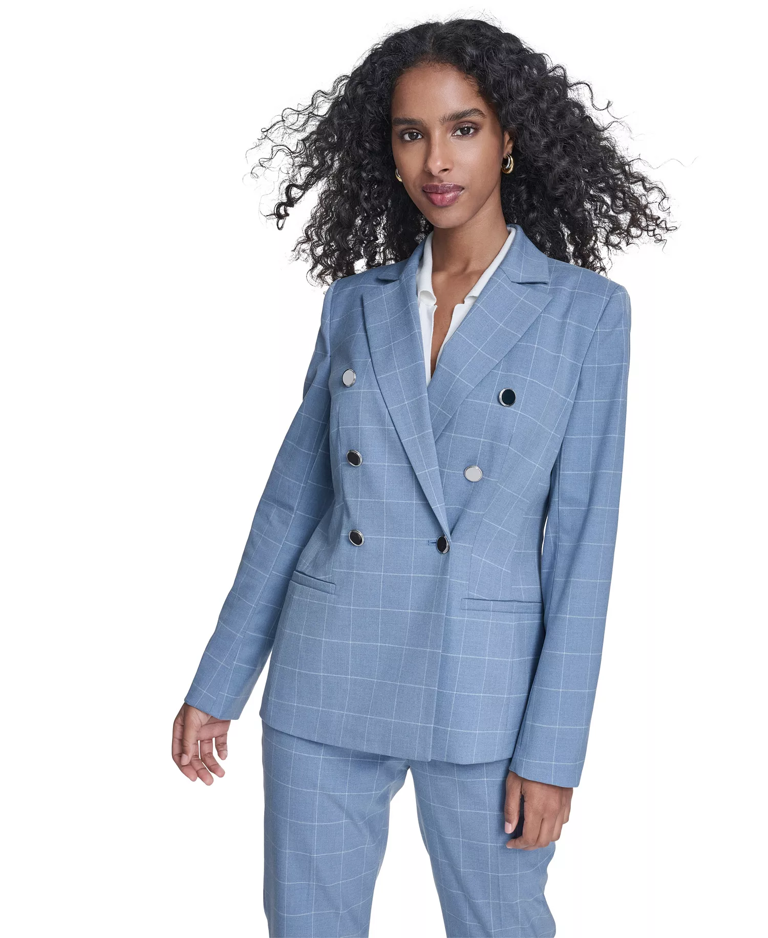 mni-1e66efcc0c3c2d5883c8a2557fcd4ba1 Women's Notch Collar Windowpane Double Breast Blazer