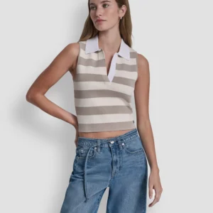 Women's Striped Sleeveless Polo Sweater