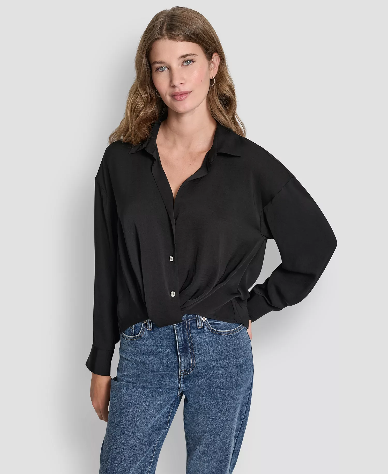 mni-238a28ee6762def5c3ea6182d6d603e2 Women's Long-Sleeve Rhinestone Button-Front Shirt With Twist Hem — изображение 3